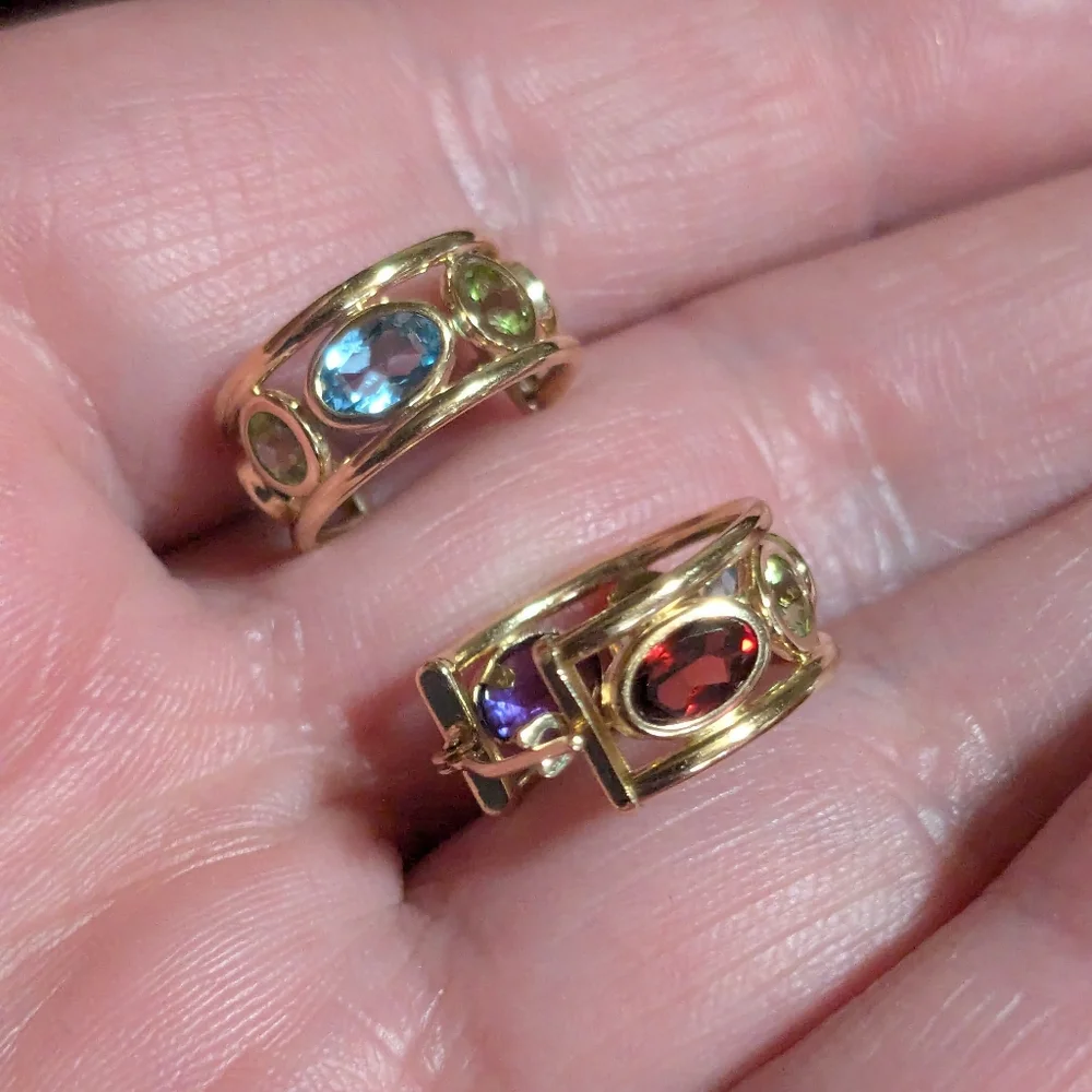 Sold ♥️14k Yellow Gold Amethyst Peridot Blue Topaz Multi-Gemstone Hoop Earrings - Picture 10 of 16